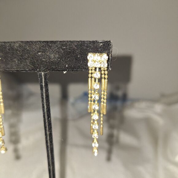 Art Deco Style Women's Vintage Earrings Dangle Drop Gold Tone Rhinestone - Picture 1 of 7